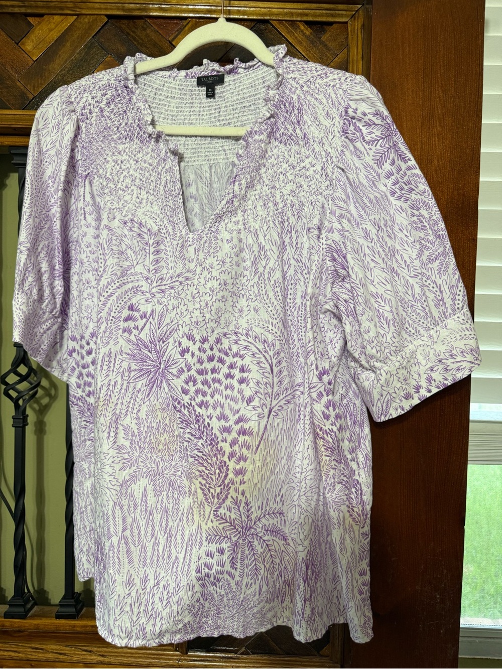 Talbots Lavender and White Smocked Split-Neck Blouse